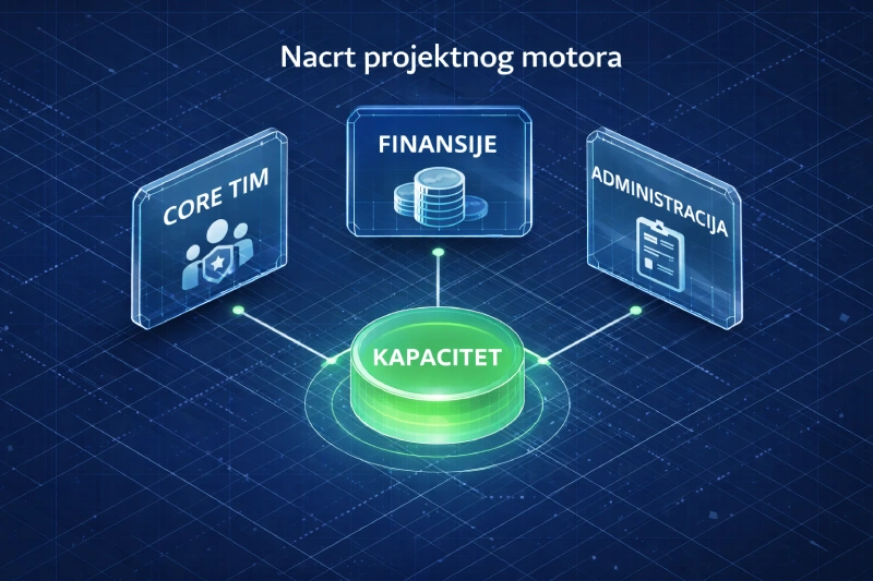 Izometrijski prikaz ključnih stubova kapaciteta organizacije za EU projekte: tim, finansije i administracija